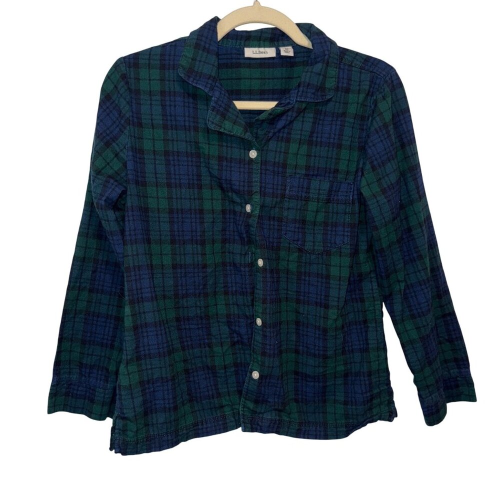 L.L. Bean Womens XSP Green & Blue Plaid Button-Down Flannel Shirt